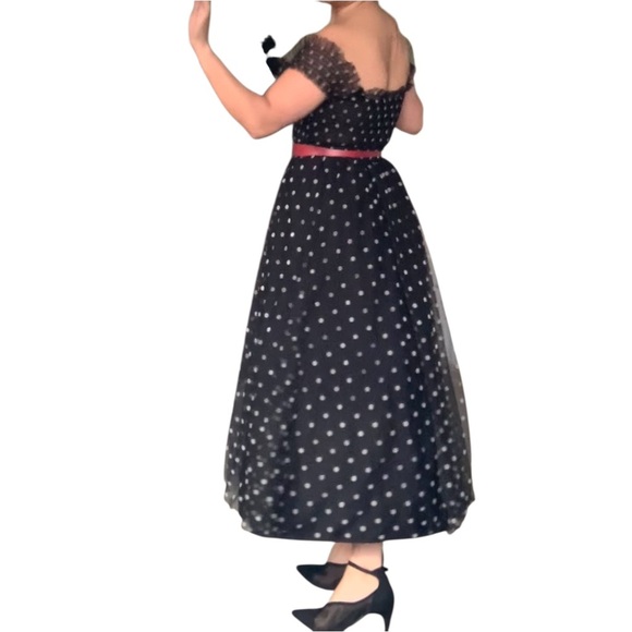 Elise - Elegant Black Polka Dot Off-Shoulder Dress - Small - Picture 11 of 14